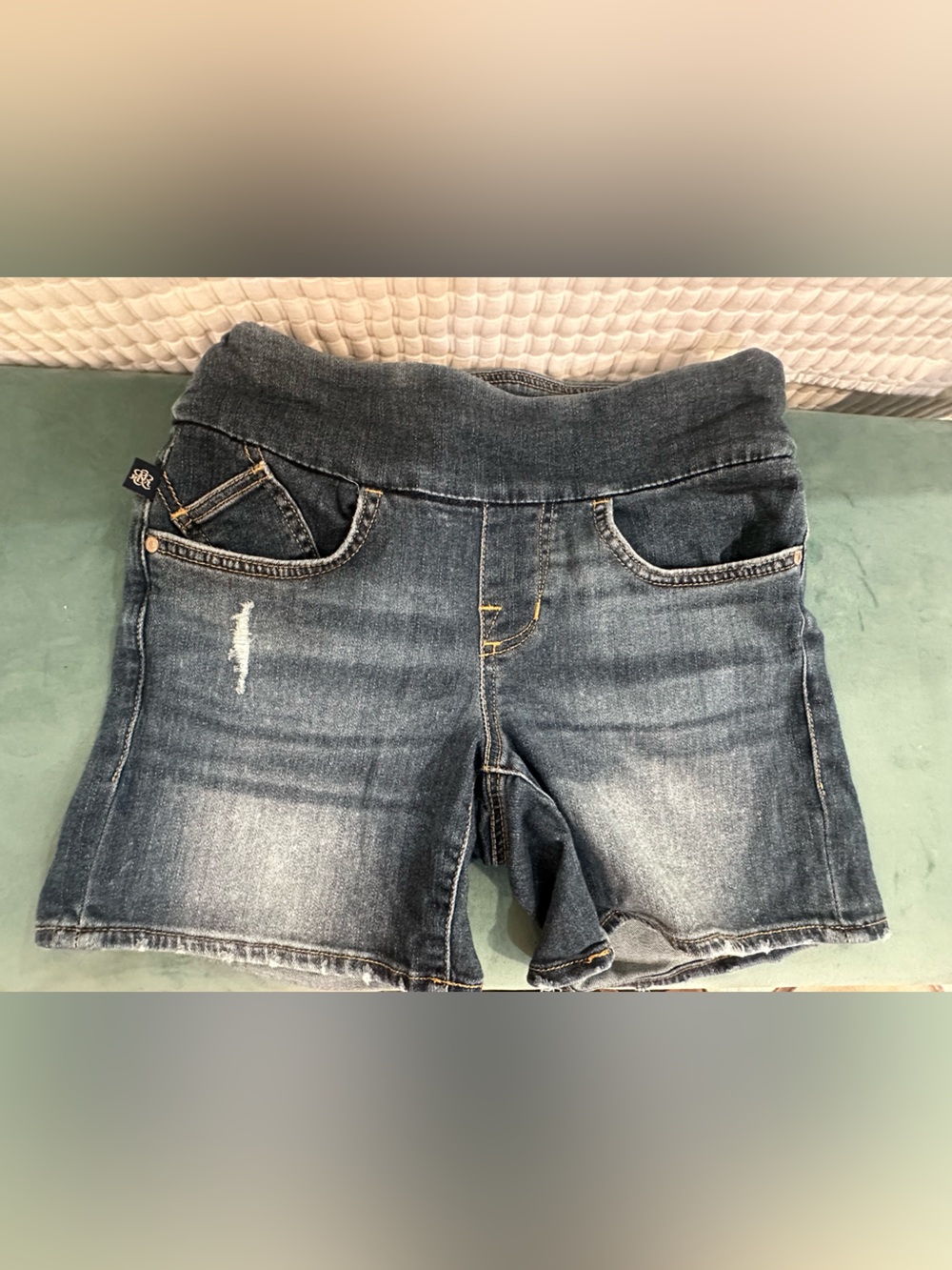 Dark Wash Denim Shorts - Distressed Detail